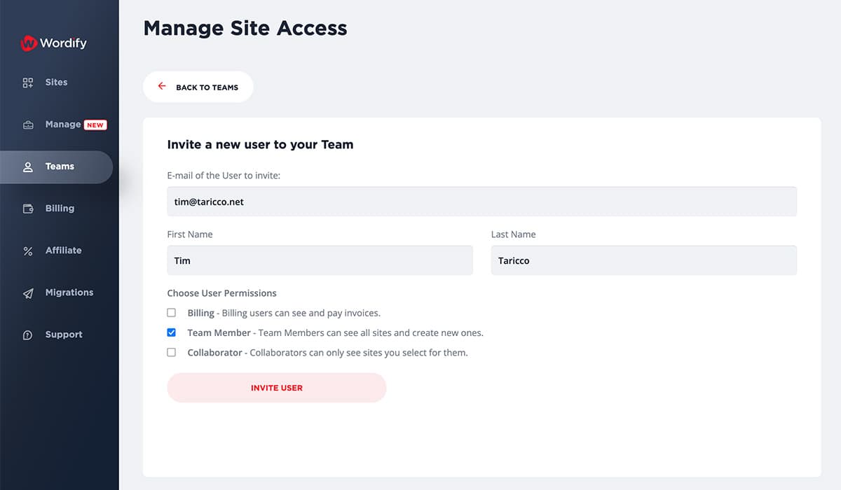 A web page titled Manage Site Access shows a form to invite a new user to a team, with fields for email, first and last name, user permissions, and an Invite User button. The left sidebar has navigation options.